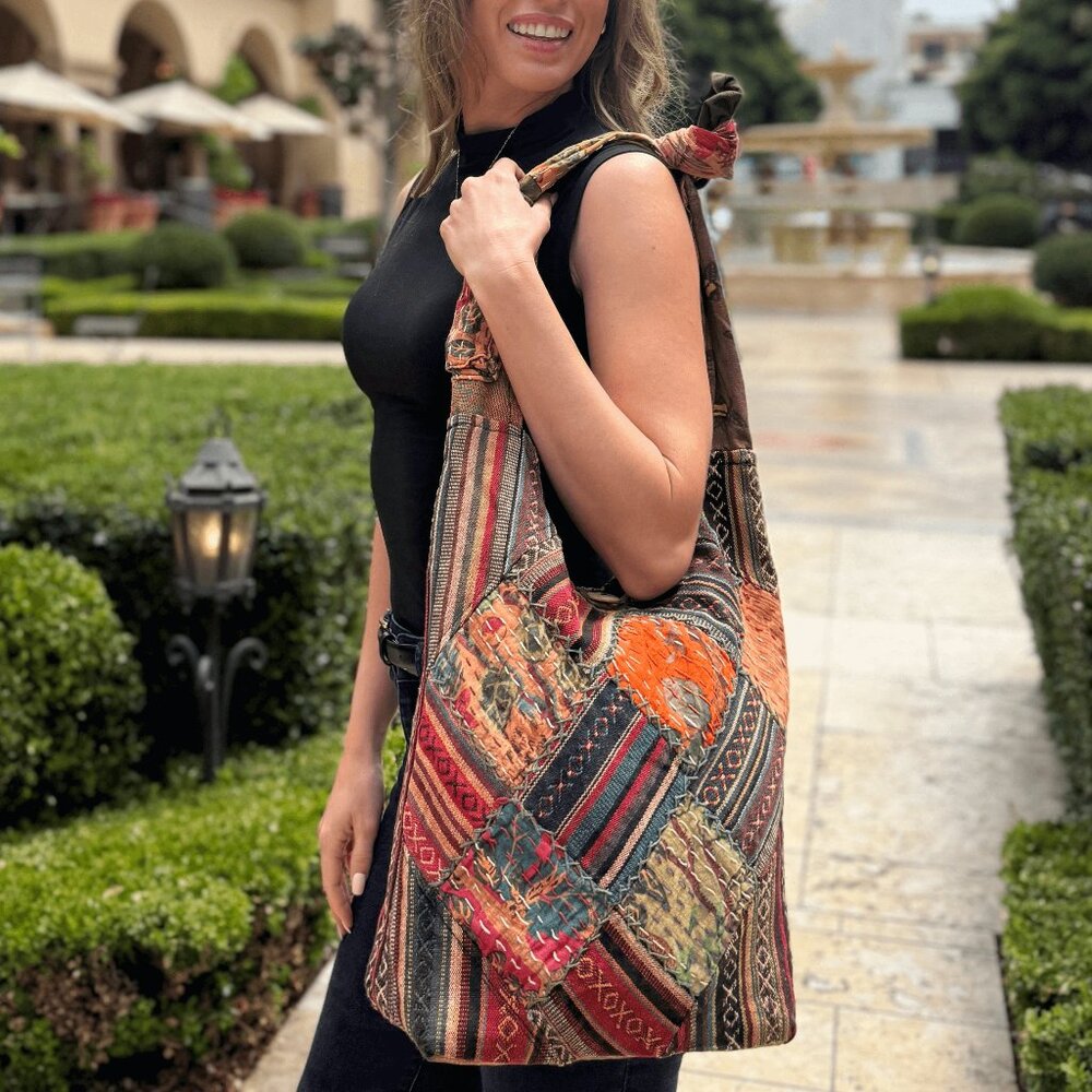 Quilted Patchwork Hobo Bag - Handmade Cotton Shoulder Bag from Nepal